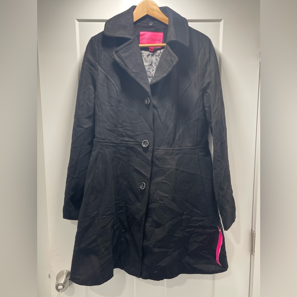 BNWT BETSY JOHNSON WOOL BLEND BLACK TRENCH COAT WOMENS SIZE LARGE